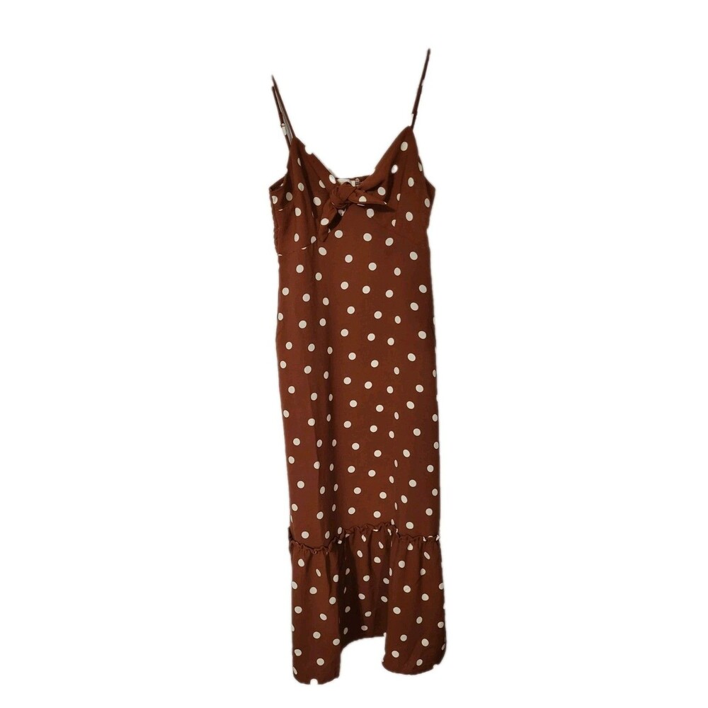 Monteau Los Angeles Brown Polka Dot Midi Dress Tie Front Ruffle Hem Sz M